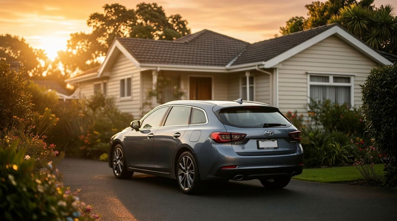 Family car interior at golden hour with keys on the seat and a quiet suburban street through the window