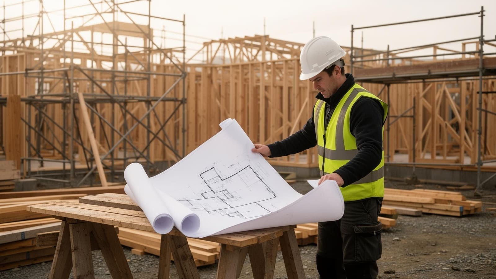 Close-up of a builder's hands in hi-vis sleeve reviewing architectural plans on a site table