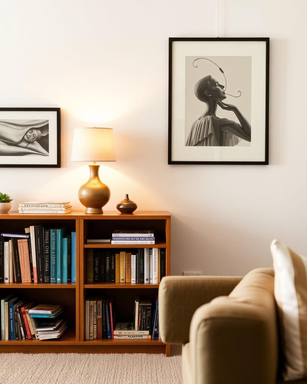 Lived-in lounge vignette with a bookshelf, table lamp and personal objects