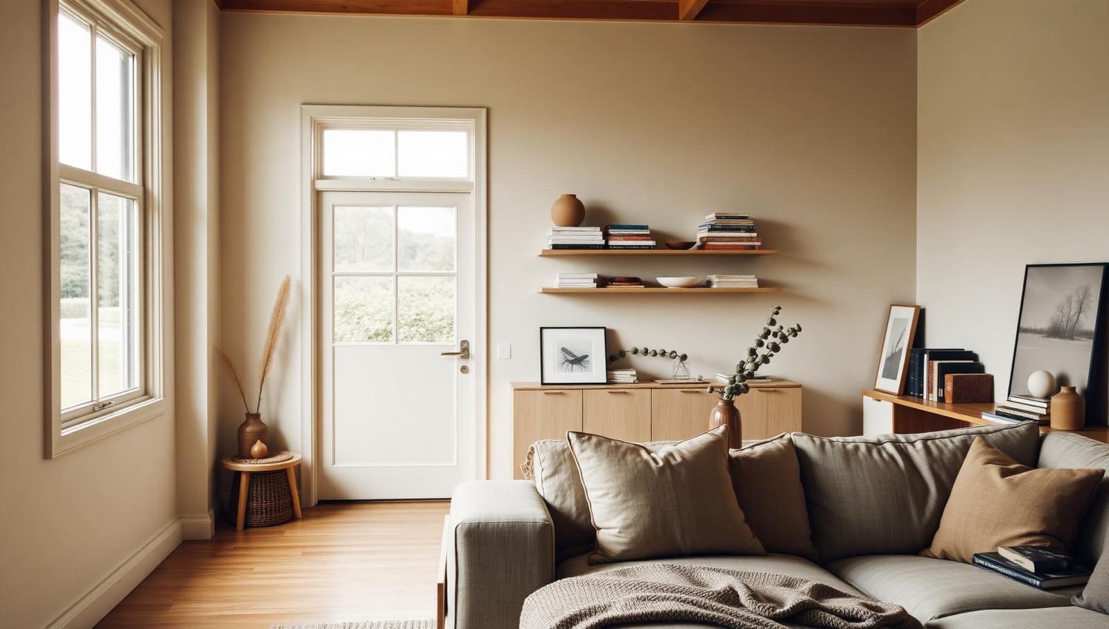 Lived-in lounge vignette with a bookshelf, table lamp and personal objects
