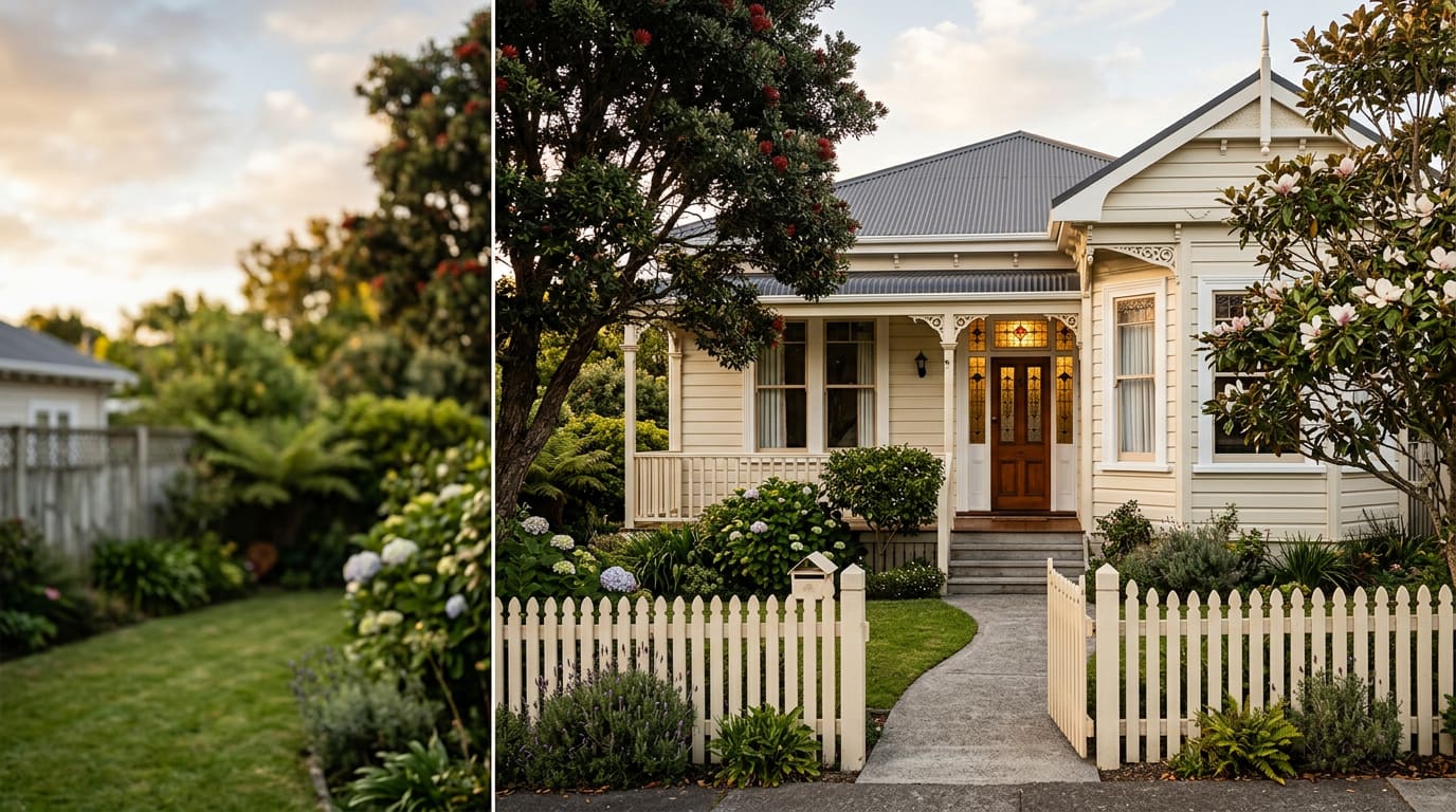 Detail of a weatherboard villa front door and verandah with potted plants and a welcome mat
