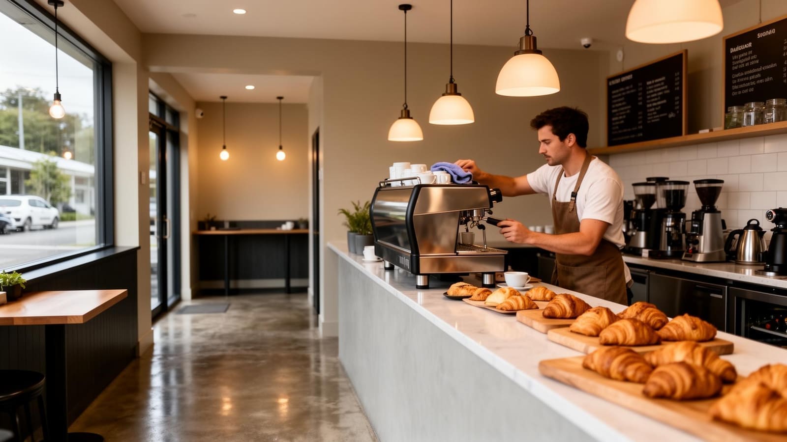 Cafe team preparing the espresso bar before service in a New Zealand hospitality kitchen