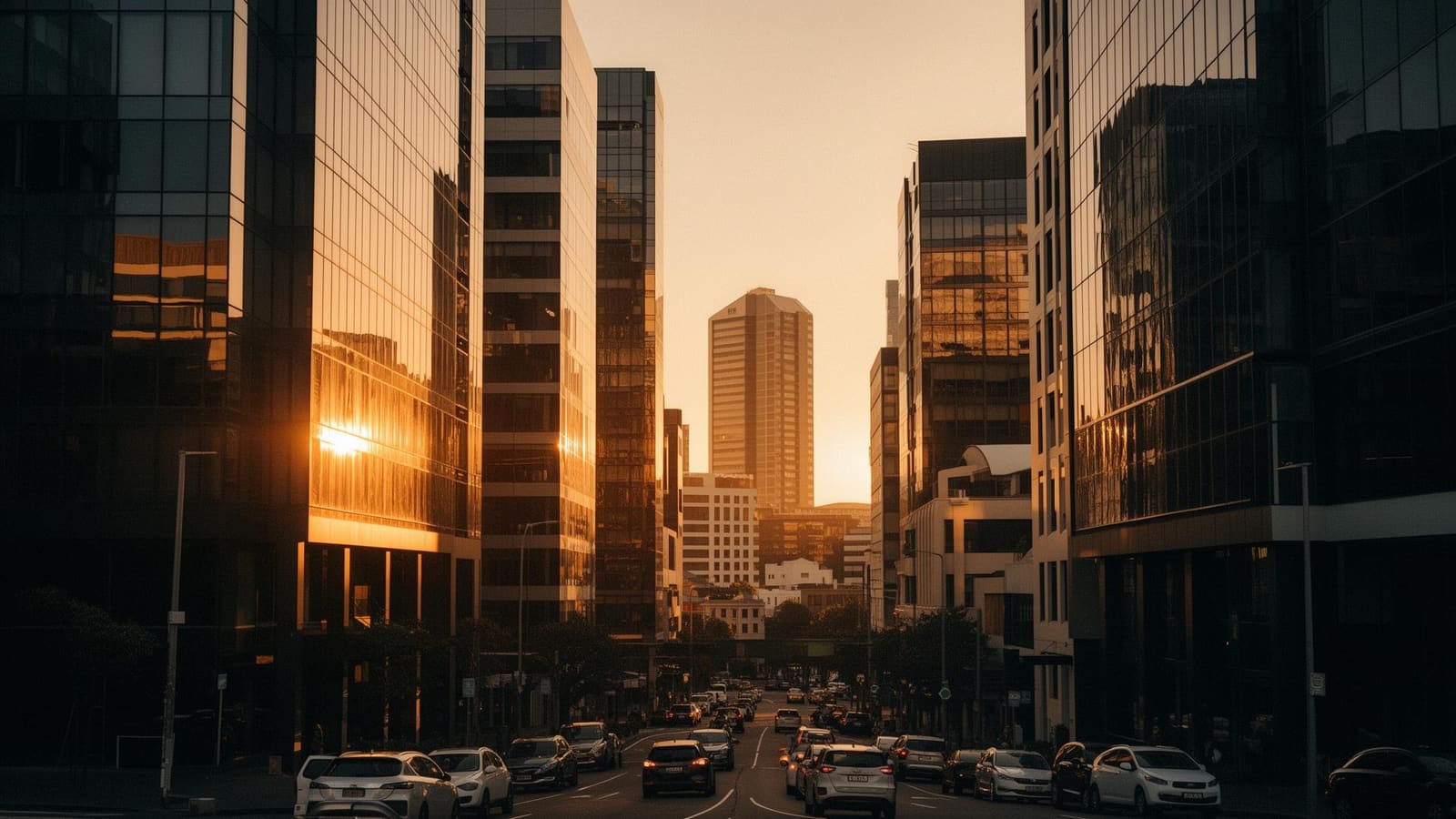 Auckland commercial district at golden hour