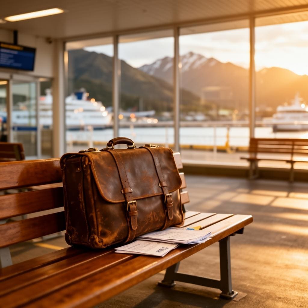 Travel essentials and luggage in warm natural light at a departure lounge